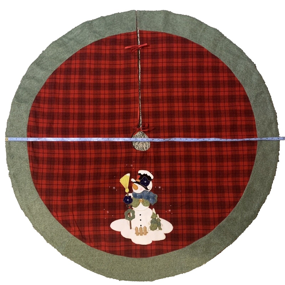 Dan Dee Christmas Tree Skirt Red Plaid Flannel Appliqued Snowman Satiny Back Tie